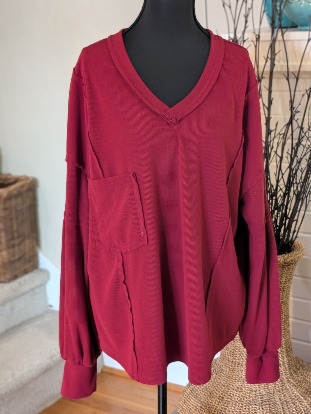 BTFBM Oversized Ribbed Knit Top XL Burgundy V-Neck Long Sleeve Relaxed Fit Cozy